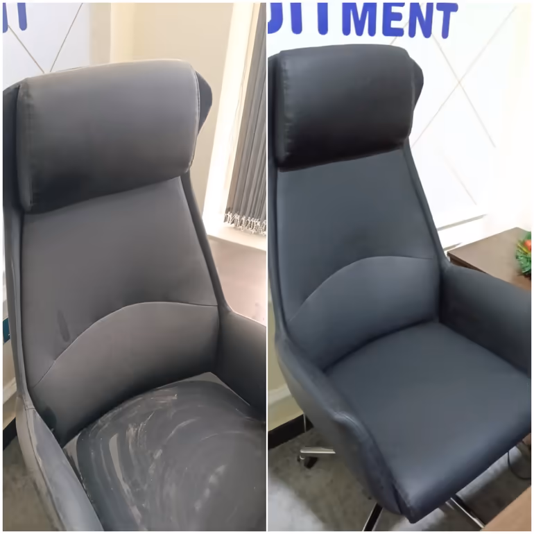 Before and after photo of a leather executive office chair restored by Shine On Cleaning Services in Nairobi