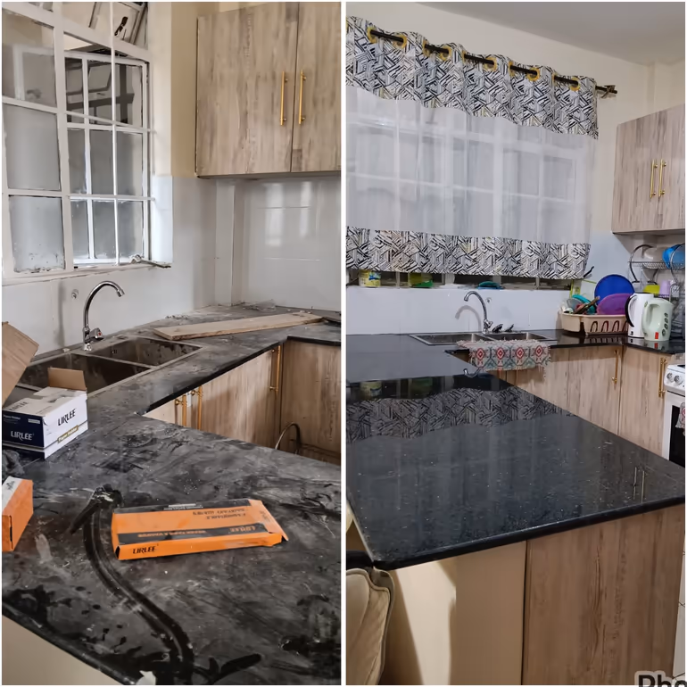 Before and after photo of a residential kitchen deep cleaned in Nairobi
