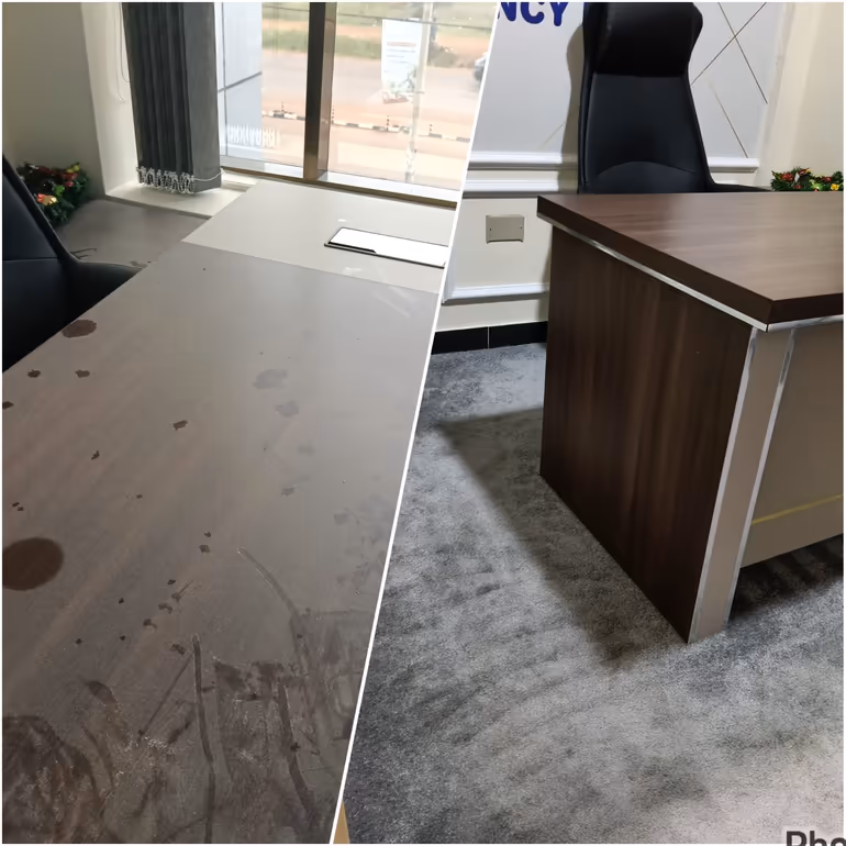 Before and after photo of a Nairobi corporate office desk and carpet professionally cleaned